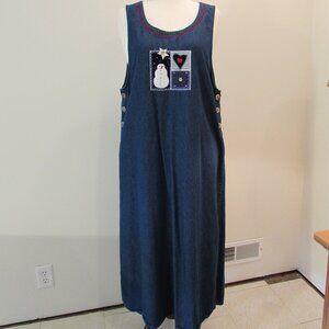 Vintage White Stag Patchwork Snowman Cotton Denim Jumper Maxi Dress XL